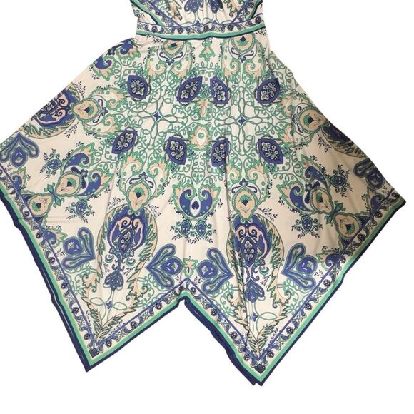 Donna Morgan Blue Green Paisley Print Asymmetrical Midi Dress Size 6 - Picture 8 of 14